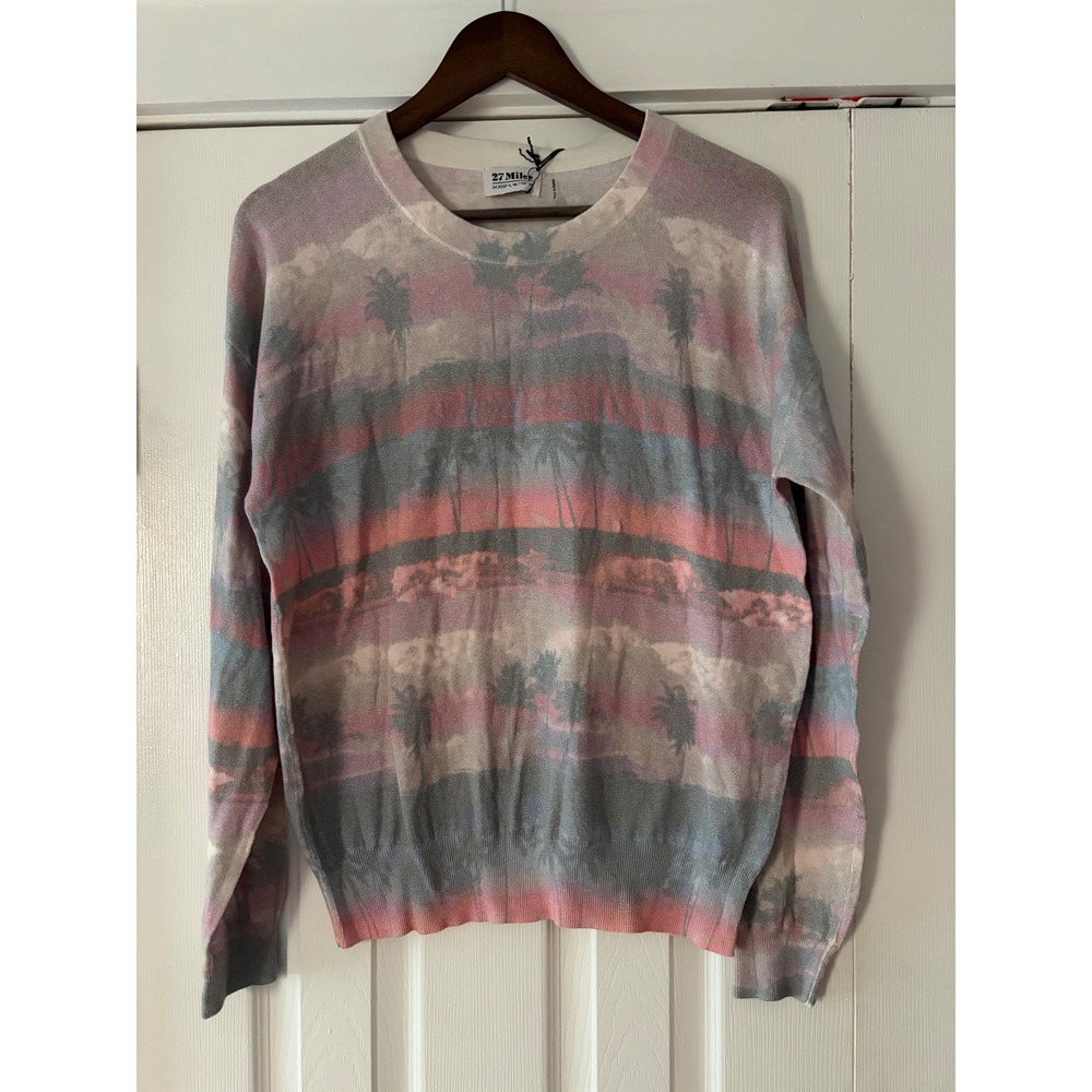 27 Miles Malibu Womens Cotton Palm Tree Hand Dyed Sunset Sweater Pink Blue L